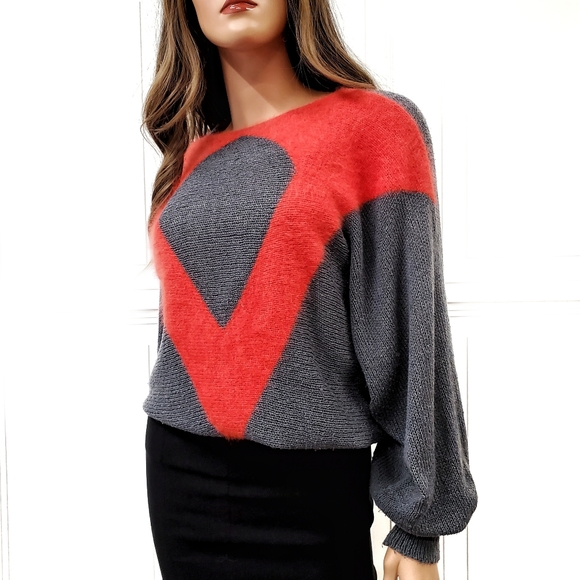 Vintage Angora Wool Oversized Knit Sweater 36 6 Small S Le Comte Red Grey - Picture 1 of 11